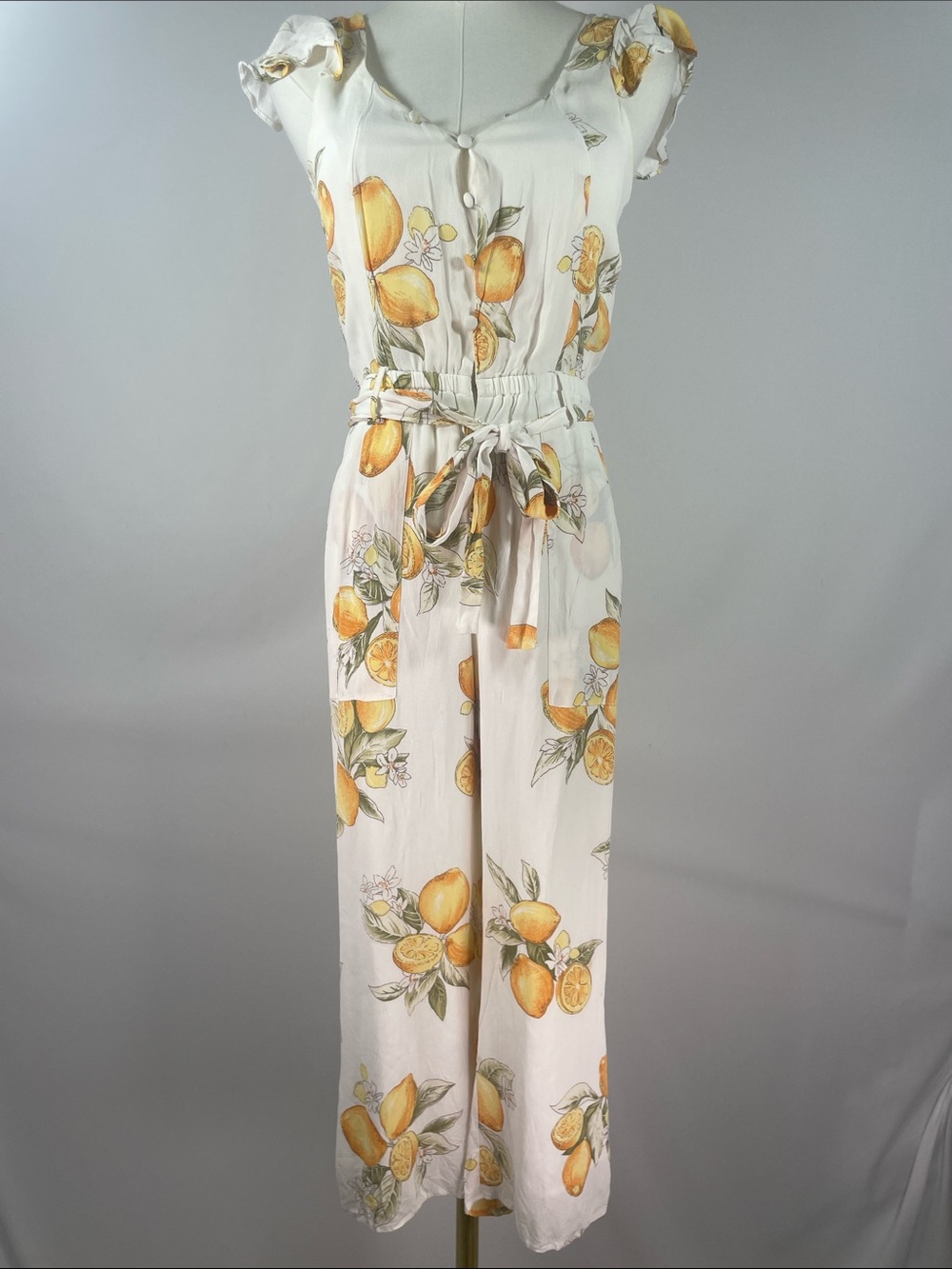 For Love & Lemons Limonada Off White Yellow Lemon Print Cropped Jumpsuit Size S